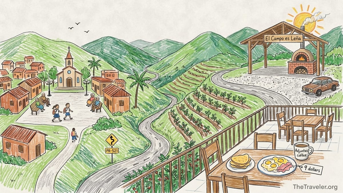 Wood-fired pizza and diners at a rustic open-air restaurant in the green mountains of Adjuntas Puerto Rico