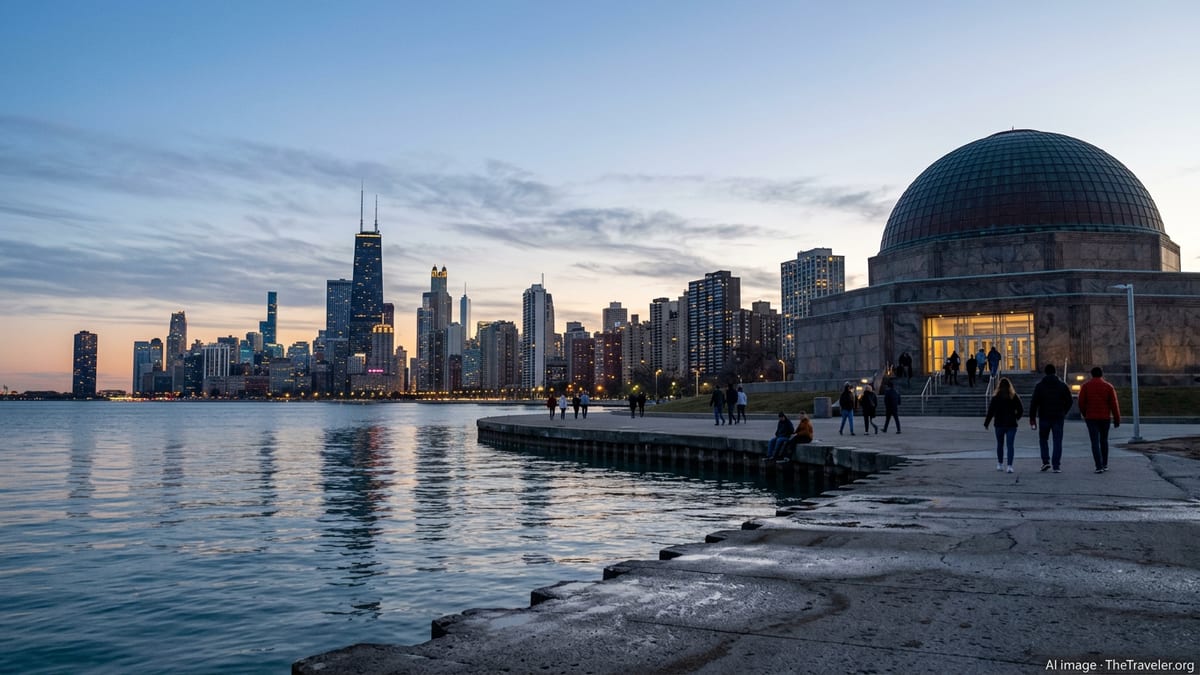 Adler Planetarium at blue hour with Chicago skyline and lakefront path in view.