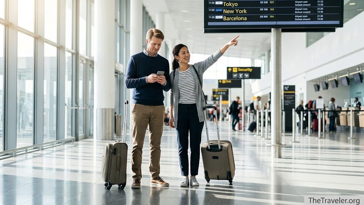 Couple checking travel insurance on phone in busy airport departures hall.