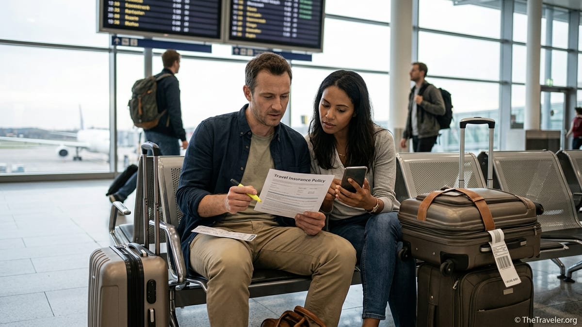 Couple at an airport reviewing printed travel insurance papers beside their luggage.