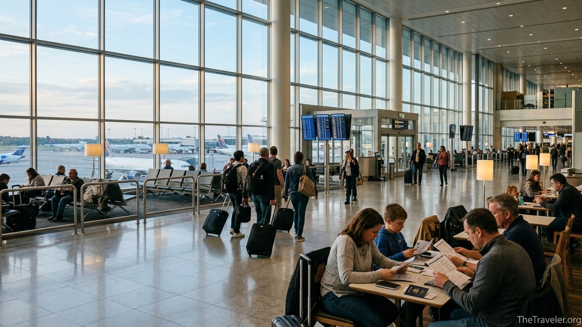 Travellers with luggage reviewing documents in a bright airport departure hall.