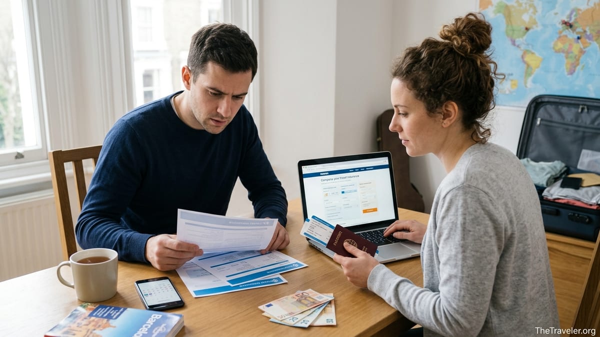 Couple reviewing travel insurance documents and laptop before a trip.