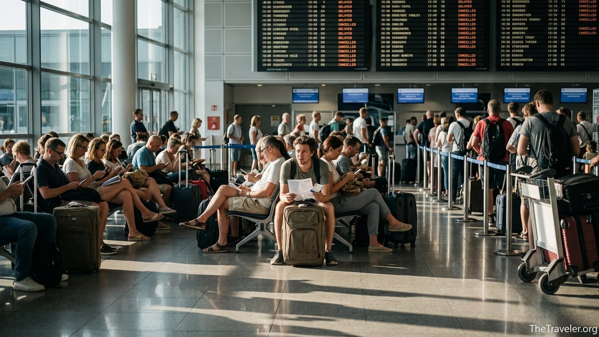 Worried traveller reading insurance documents in a busy airport departures hall.