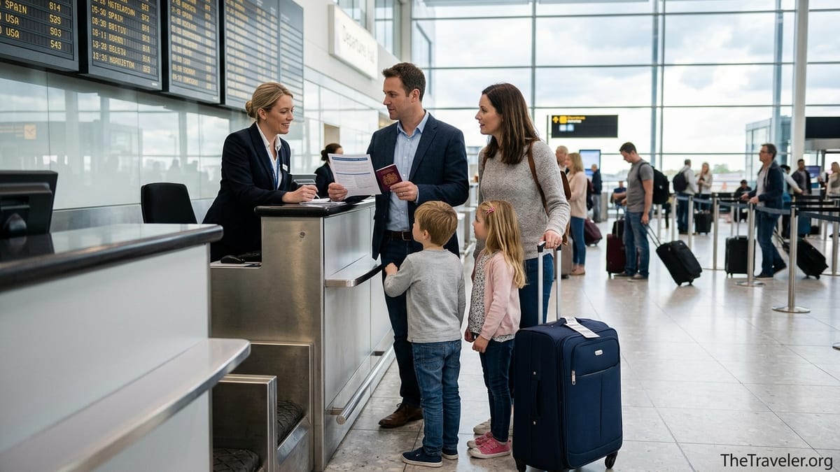 Family at an airport check in desk reviewing travel insurance documents before a trip.