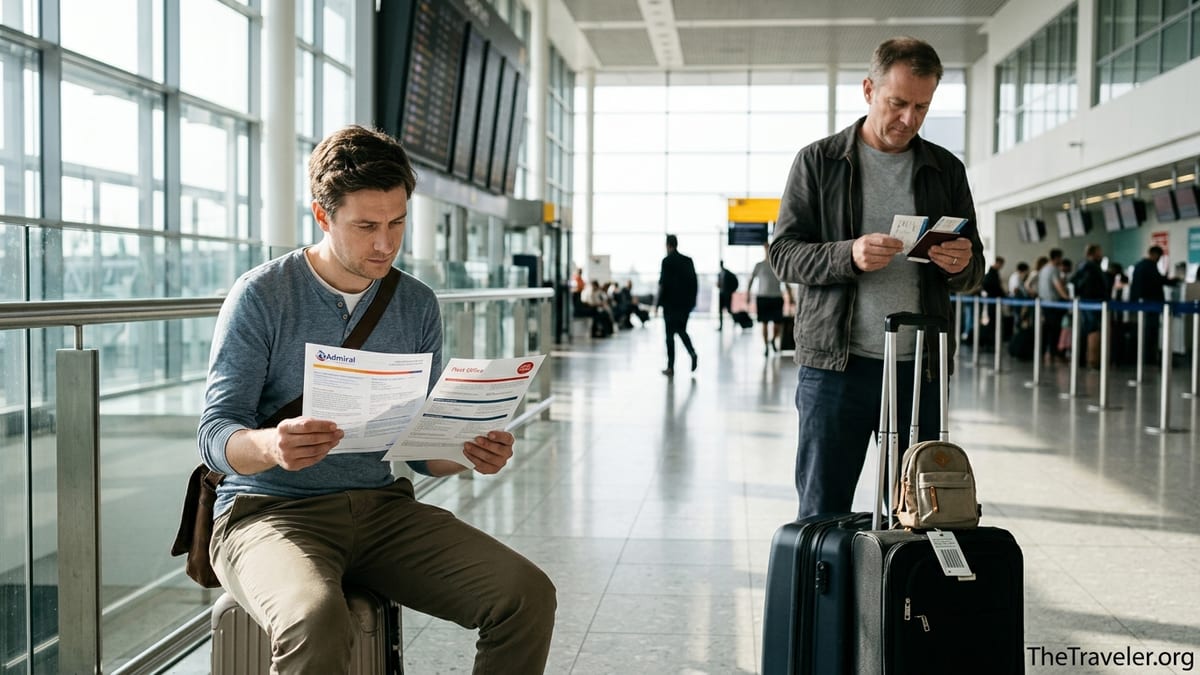Two travellers at an airport comparing printed travel insurance documents before their flight.