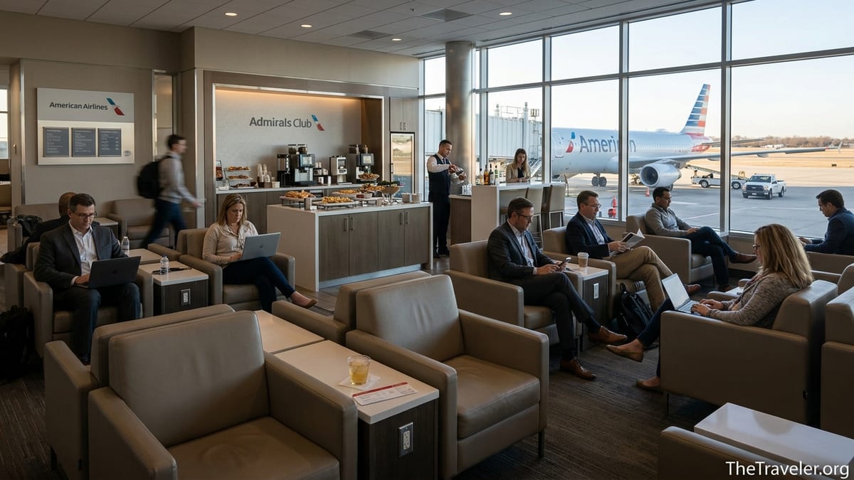 Travelers relaxing and working inside an American Airlines Admirals Club lounge with planes visible through large windows.