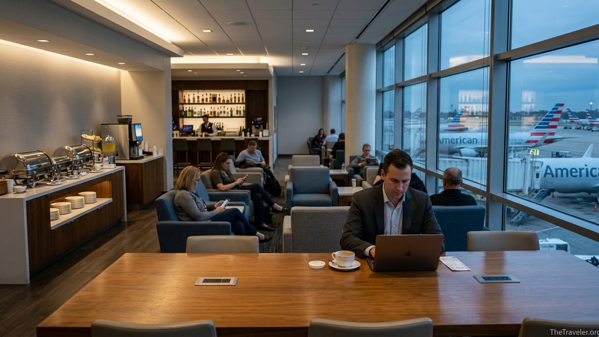 Business traveler working quietly in an American Airlines Admirals Club lounge overlooking airport gates.
