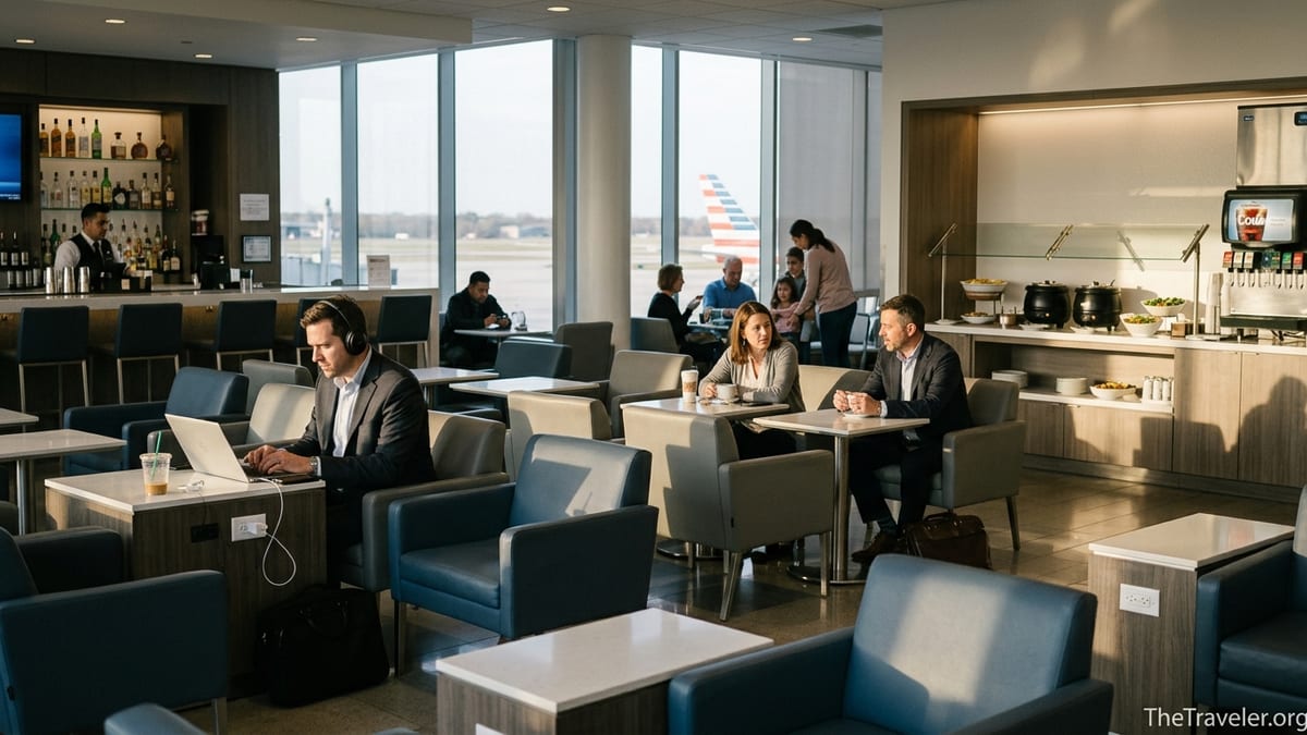 Travelers relaxing inside an American Airlines Admirals Club lounge at sunset.