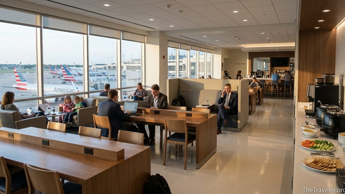 Calm American Airlines Admirals Club with travelers working and relaxing near large windows overlooking parked jets.