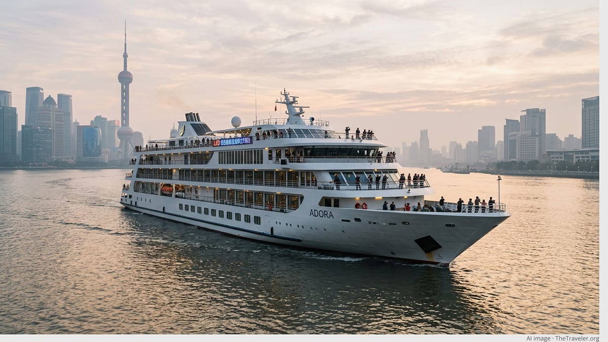 Adora cruise ship sails past the Shanghai skyline at dusk during a festive departure.