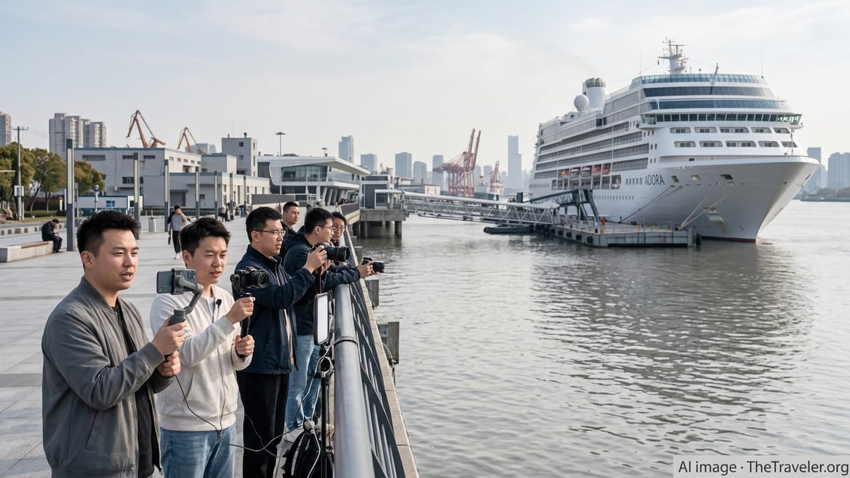 Livestream hosts on Shanghai’s Baoshan Riverside promenade broadcasting with an Adora cruise ship docked in the background.