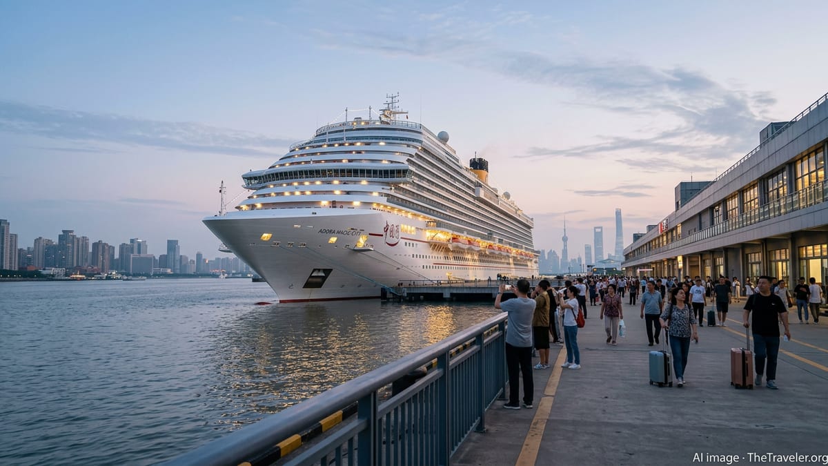 Twilight view of Adora Magic City docked at Shanghai’s Wusongkou cruise terminal with passengers walking along the quay.