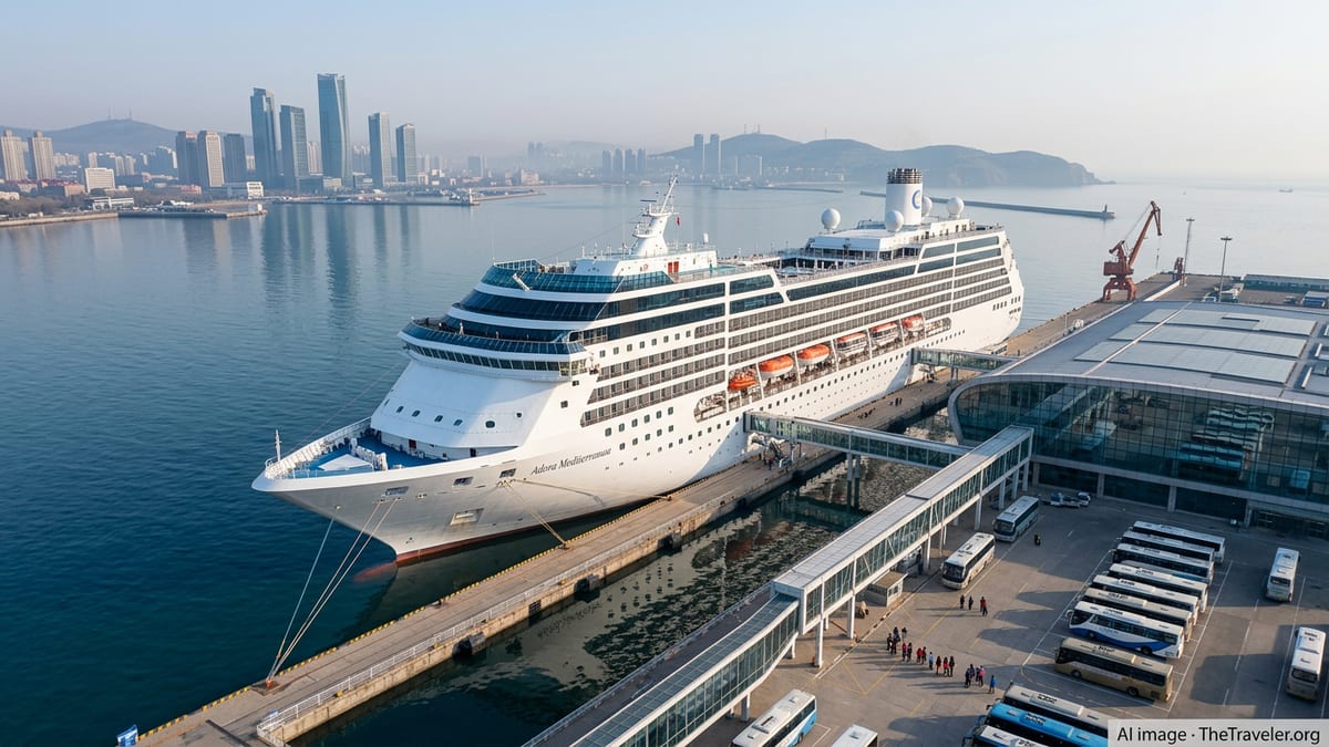 Adora Mediterranea cruise ship docked at Dalian cruise terminal with city skyline and calm harbor.