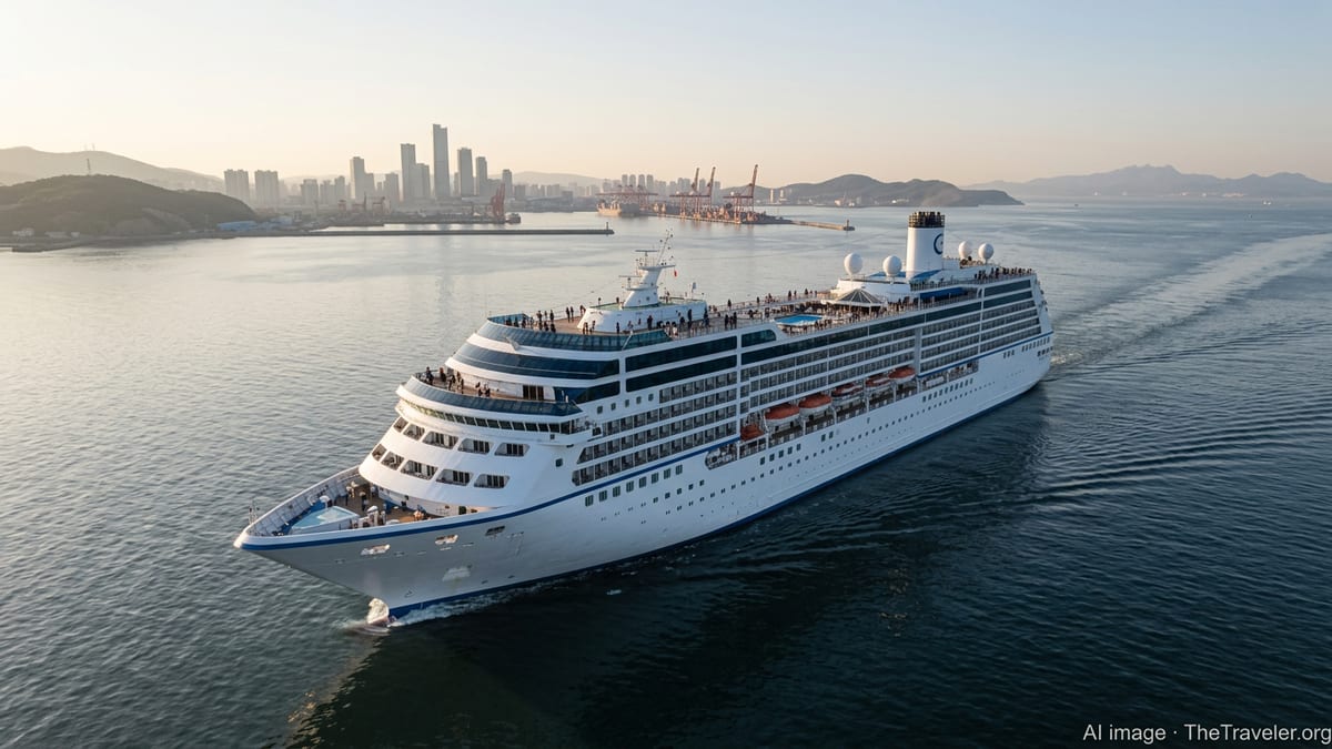Adora Mediterranea cruise ship sailing out of Dalian harbor at sunset toward South Korea.