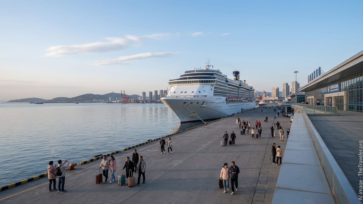 Adora Mediterranea docked at Dalian cruise terminal with passengers boarding at sunrise.