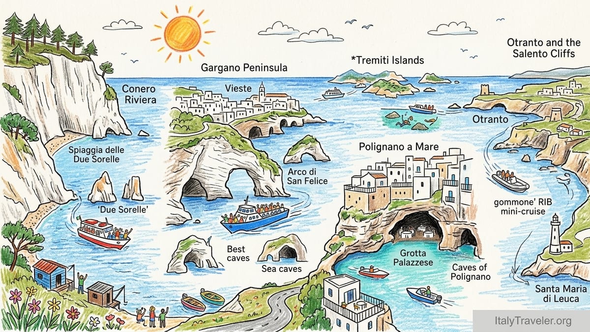 Boat cruising below sea cliffs and whitewashed houses on Italy’s Adriatic coast.