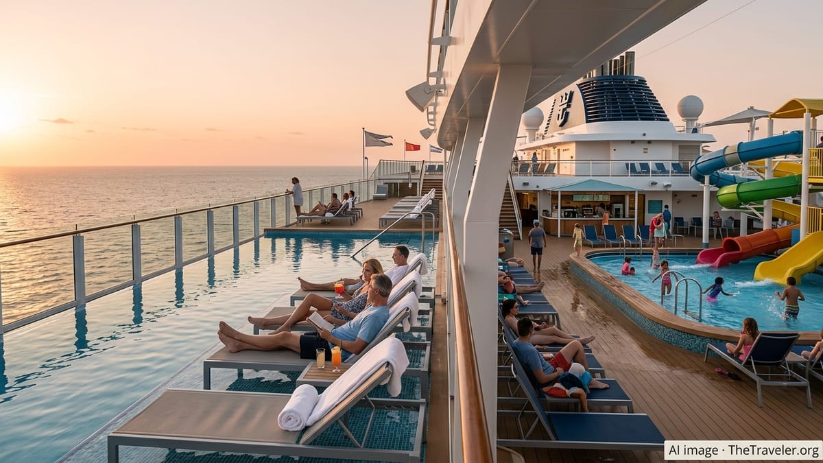 Cruise ship deck showing a quiet adults-only pool beside a lively family pool at sunset.