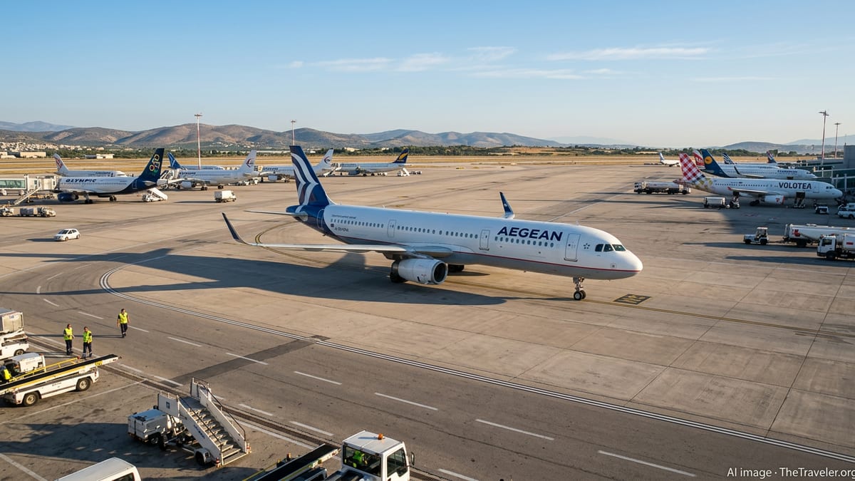 Aegean Airlines Airbus A321neo taxiing at Athens airport in soft morning light.