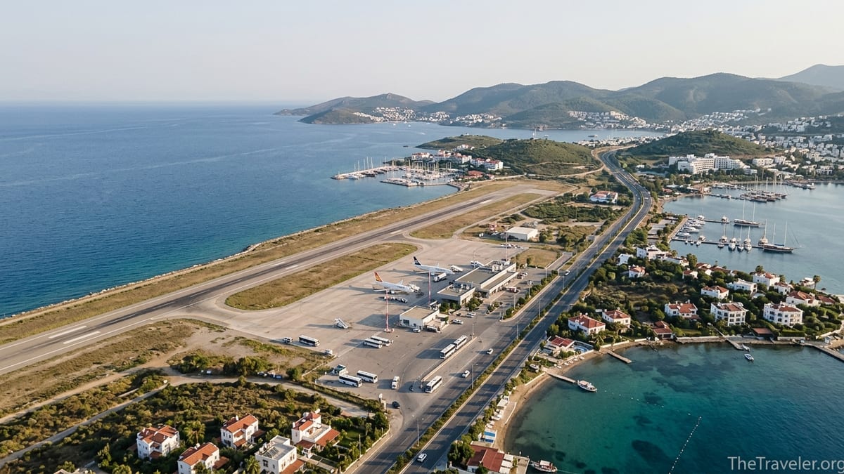 Aegean Turkish coastal airport with runway, terminal, highway and seaside resorts at sunset.