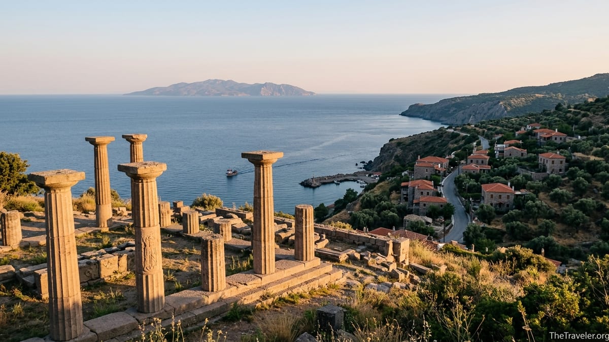 Temple of Athena ruins at Assos overlooking the Aegean Sea at sunset