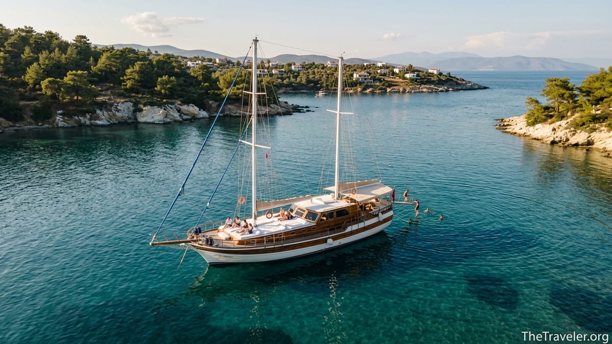 Traditional Turkish gulet cruising in turquoise Aegean waters near a pine-backed Bodrum bay.