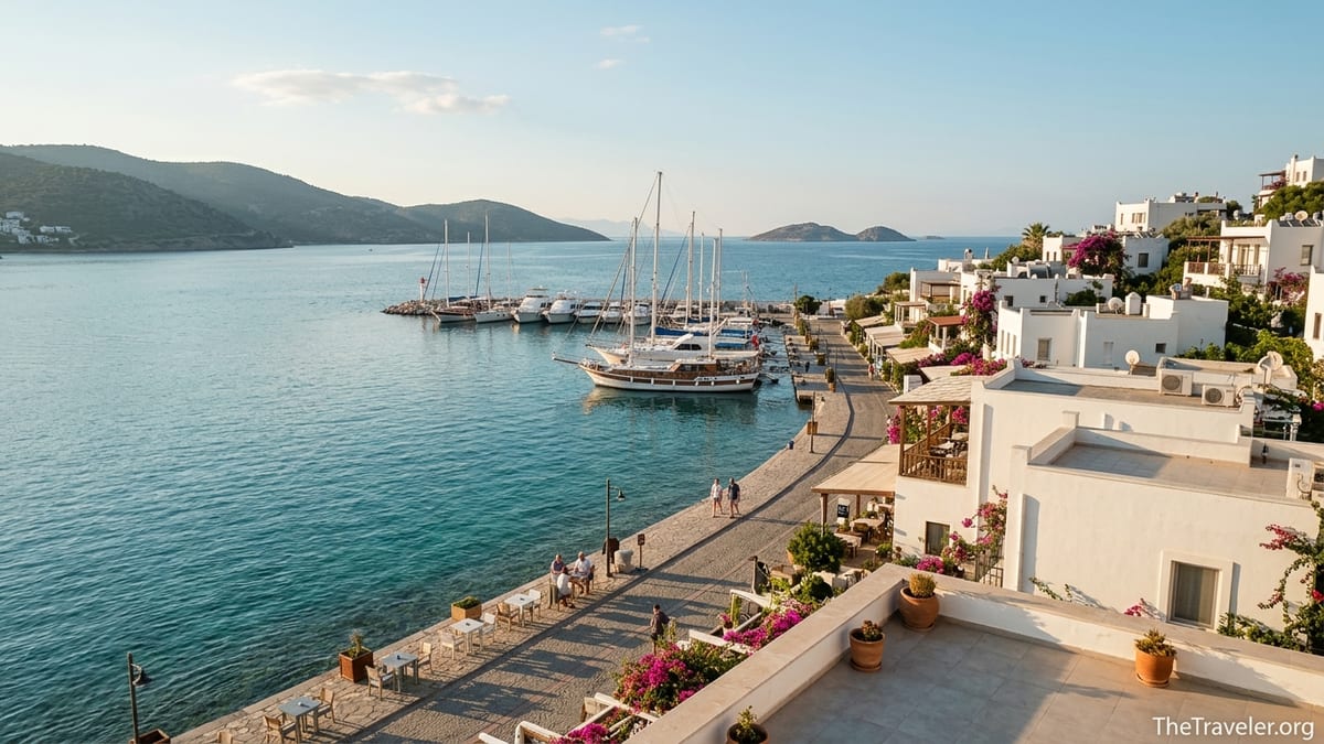 Aegean coastal town in Turkey with white houses, gulet boats and turquoise bay at sunset.