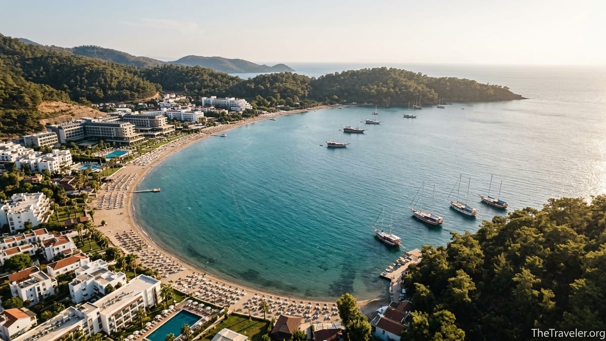 Aegean Turkish resort bay with sandy beaches, pine covered hills and waterfront hotels at sunset.