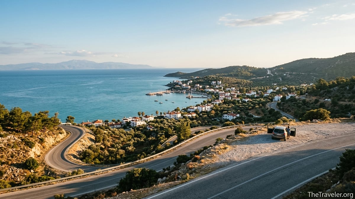 Scenic coastal road above Datça bay with a parked car and the Aegean Sea in late afternoon light.