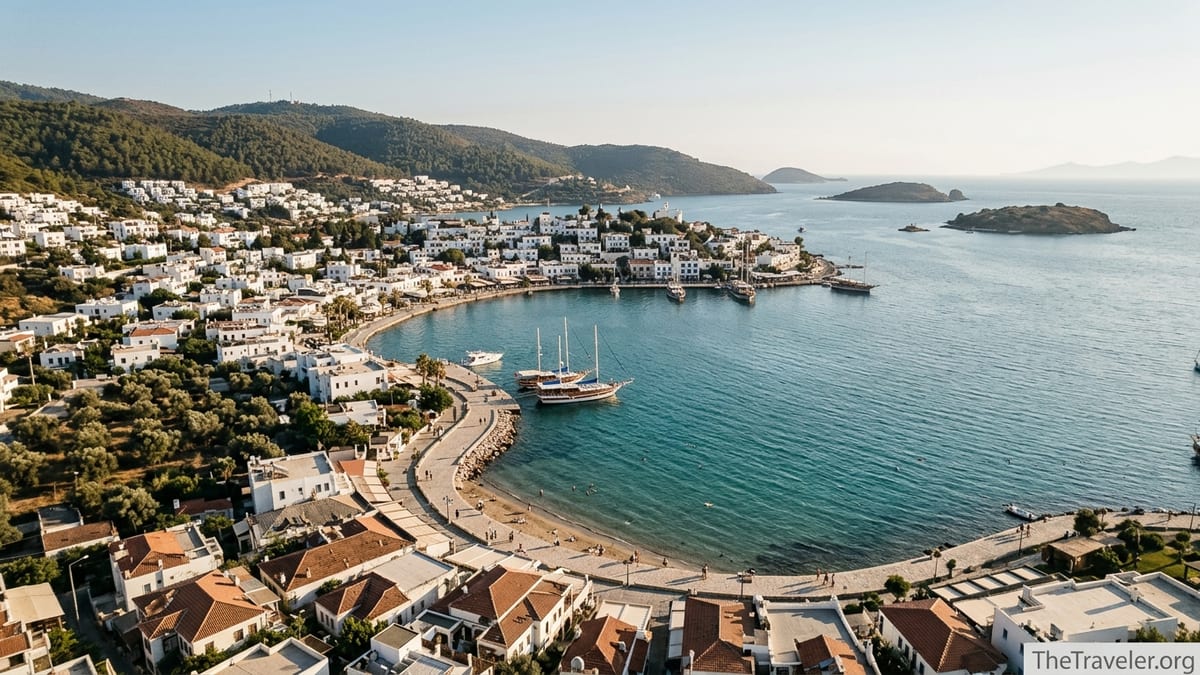 Aegean Turkish harbor town with white houses, gulets and turquoise bay at golden hour