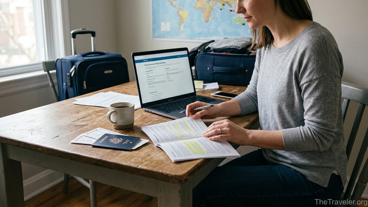 Traveler reviewing GoReady travel insurance documents at a kitchen table before a trip.