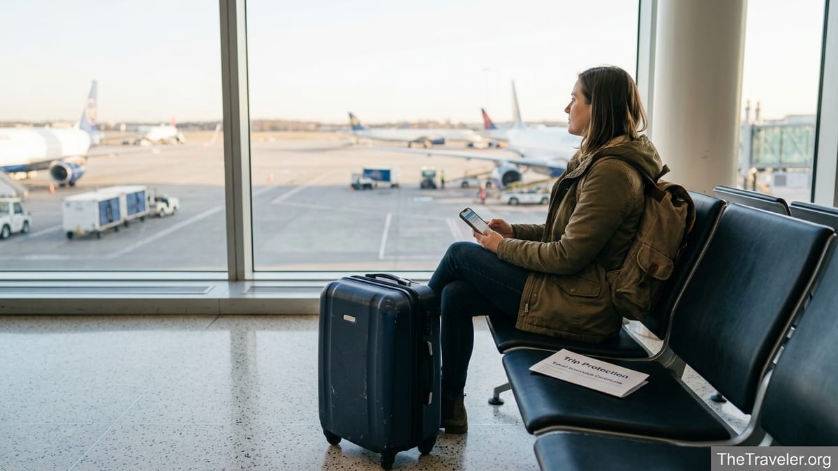 Traveler at airport gate reviewing travel insurance documents beside suitcase.