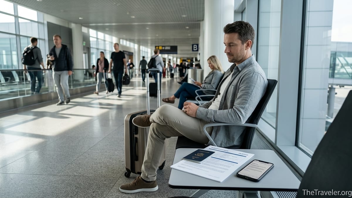 Traveler reviewing GoReady travel insurance documents at an airport gate before departure.