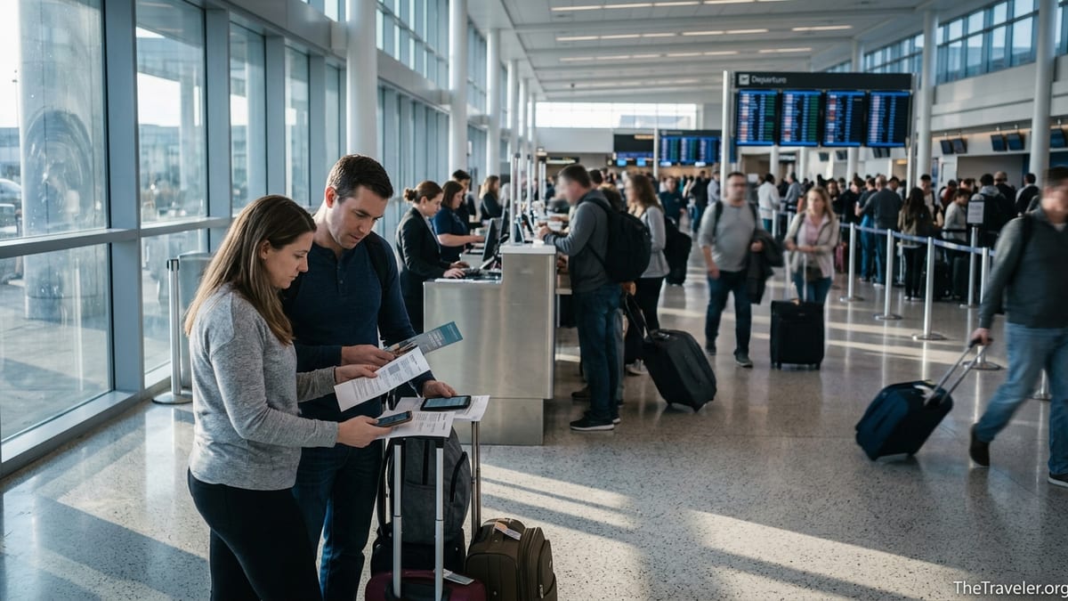 Travelers reviewing documents at an airport check-in counter with luggage nearby.