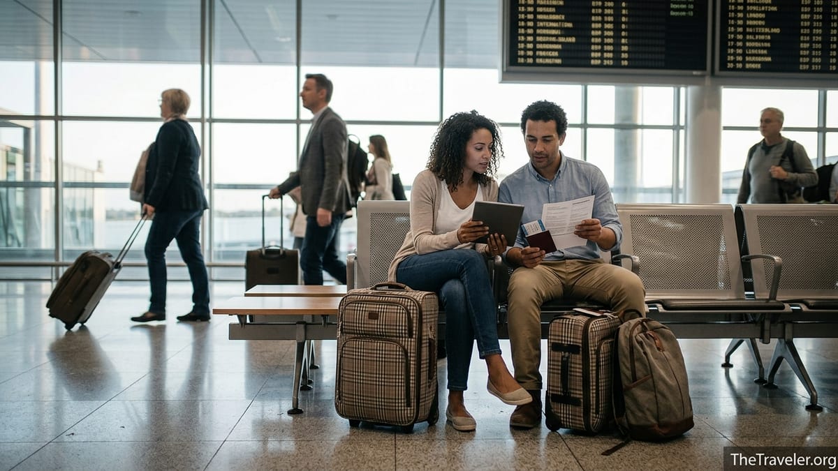 Travelers reviewing insurance documents at an airport gate with luggage nearby.