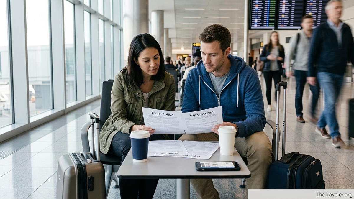 Two travelers review printed travel insurance documents at an airport gate.