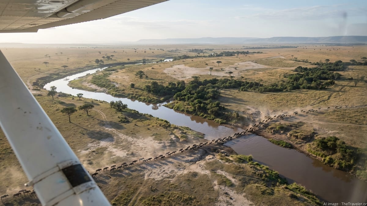 Aerial view of Kenya's Masai Mara during the Great Migration at sunrise.