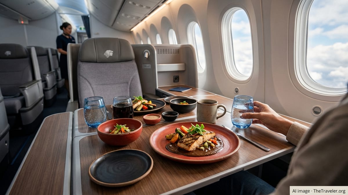 Aeroméxico business class tray table set with bespoke Mexican-inspired tableware during in-flight meal service.
