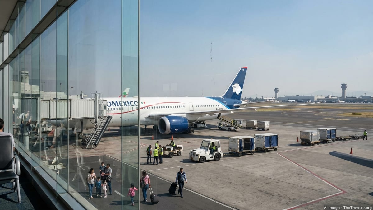 Aeromexico Boeing 787 at Mexico City airport gate seen through terminal windows.