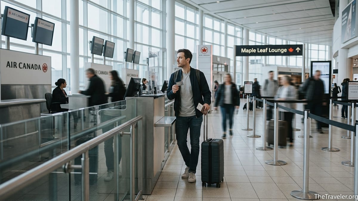 Traveler in Toronto airport holding a premium credit card, pausing near Air Canada check-in.