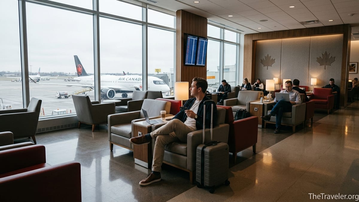 Traveler holding an Aeroplan credit card inside an Air Canada Maple Leaf Lounge overlooking the tarmac.