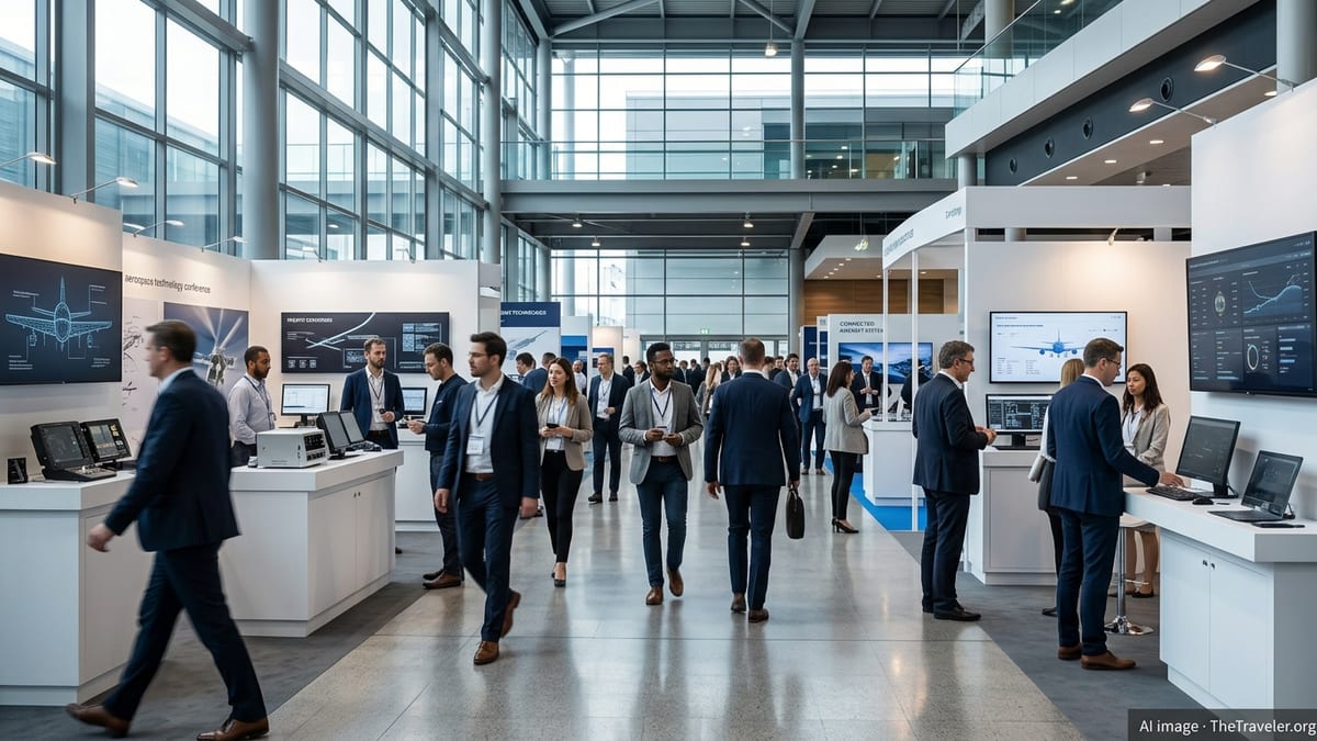 Delegates walking through a busy aerospace technology exhibition at ExCeL London.