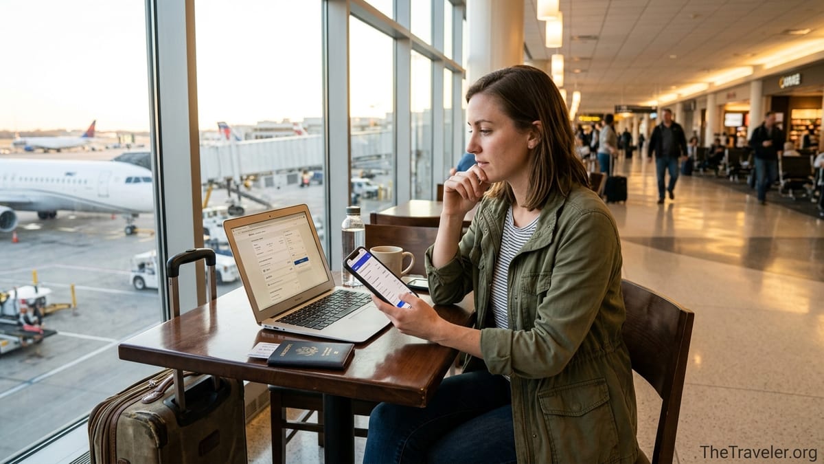 Traveler reviewing Affirm payment options on a laptop while booking a flight at an airport café.