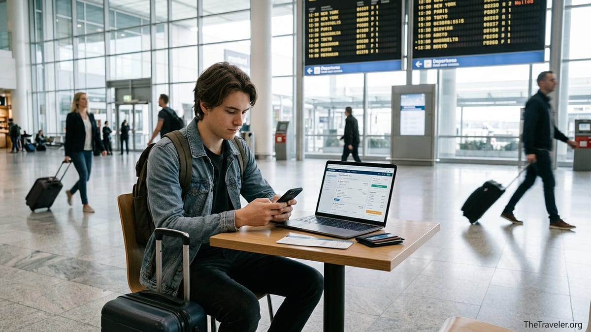 Traveler in airport comparing flight payment options on phone and laptop.