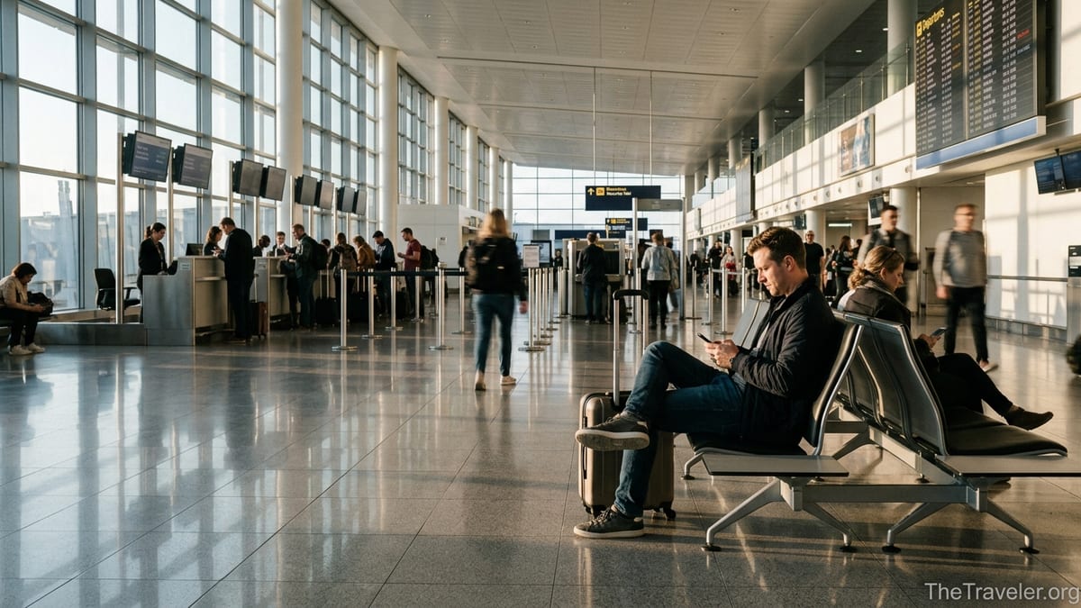 Traveler in airport comparing Affirm and Uplift monthly payment options on a phone.