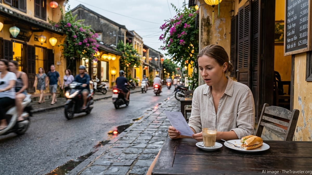 Traveller at a cafe in Hoi An old town looking surprised at a restaurant bill at dusk.