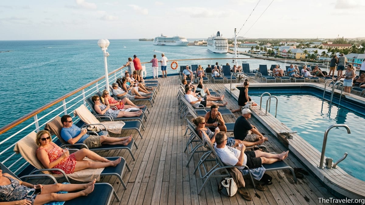 Passengers relax on the open deck of an affordable cruise ship leaving a sunny tropical port.