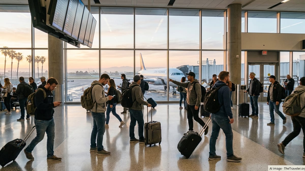 Travelers in a bright airport terminal at sunrise boarding a California-bound flight.