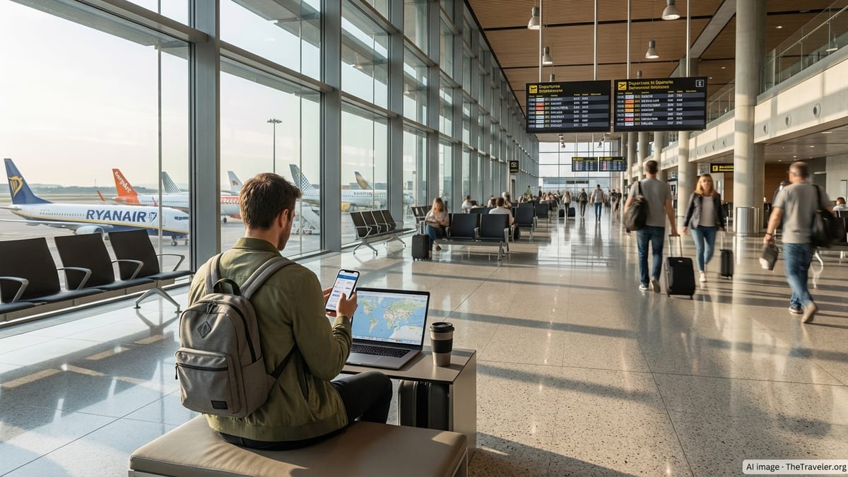 Traveler checking flight prices to Spain in a bright airport terminal with planes outside.