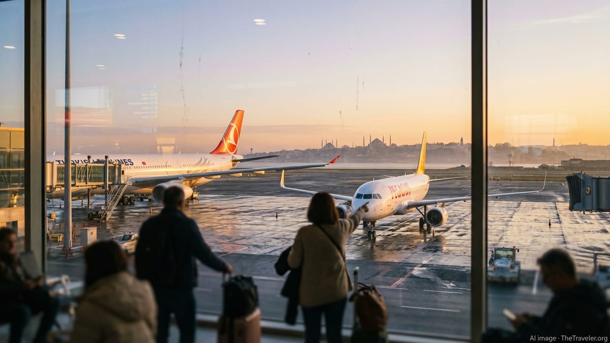 Passengers in Istanbul Airport watching planes at sunrise from a terminal window.