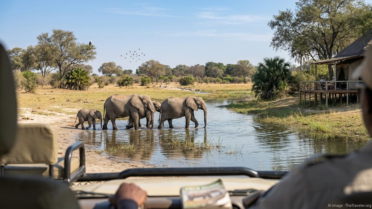 African elephants crossing a river in Botswana's Khwai Private Reserve during a safari.